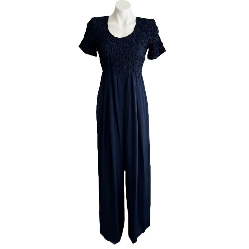 Vintage 80s Jumpsuit Smocked Blue Wide Legged High Waist Minimalist Womens Sz 8